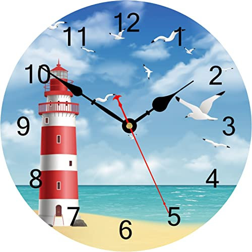 TAHEAT 20 cm Kleine Leuchtturm Möwe Wanduhr, Lautlos Geräuschlos Meer Pattern Uhren, Holz Dekoration fur Küche/Schlafzimmer/Wohnzimmer/Bad