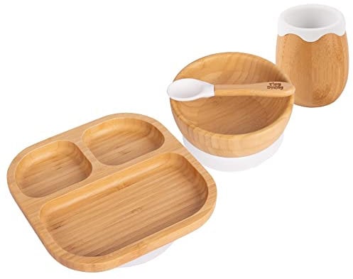 Tiny Dining Baby Feeding Set - Divided - White - 4pc - Divided Non-Slip Bamboo Self-Feeding Weaning Plate, Bowl, Drinking Cup & Spoon for Babies, Toddlers, Children