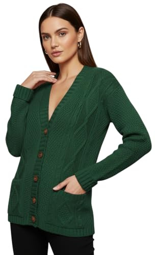 LUXFAB Womens Long Sleeve Button Top Cardigan Chunky Aran Cable Knit Grandad Style Sweater Everyday Casual Warm Knitted Ladies Cardigan UK Sizes 8-26