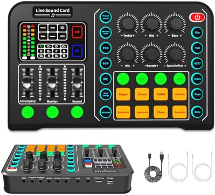 Carte Son en Direct, Mini Carte de Mixage Audio Bluetooth avec 15 Effets Sonores, Carte Son Mobile Externe pour Diffusion en Direct, Chansons K, Enregistrement, Chat Vocal