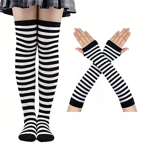 SamHeng Frauen gestreiftes Knie -Oberschenkel hohe Socken Armwärmer Fingerlose Handschuhe für Mädchen über Kniesocken für Halloween Weihnachts Cosplay Kostüm(schwarz+weiß)