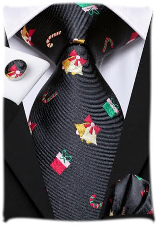 Hi-Tie Herren Weihnachtskrawatte Set Krawatte Einstecktuch Manschettenknöpfe Set Match Rentier Schneeflocke Xmas Baum Muster für Hochzeit Prom,Schwarze Weihnachten