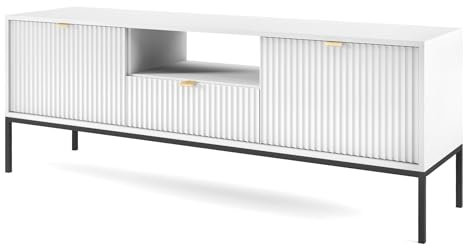 Selsey VELLORE - TV-Element Fernsehschrank - Weiß mit geriffelten Fronten und schwarzen Metallbeinen, 154 cm