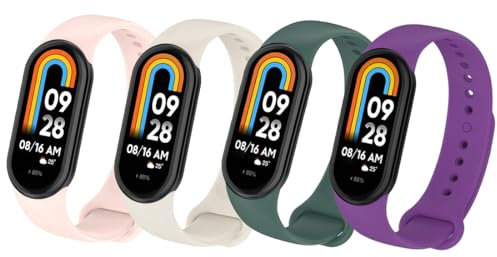 Msksjer 4 Pezzi Cinturini Compatibile con Cinturino Xiaomi Mi Band 10/9/Xiaomi Mi Band 8 Donna e Uomo, Braccialetti Sportivi in Silicone Morbido per Mi Band 10/9/8, Viola/Bianco/Rosa/Verde Scuro