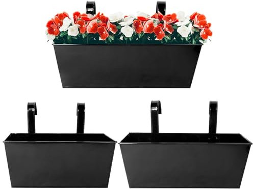 3 Stück Hängende Blumentöpfe für Balkon Geländer Zaun Garten - Metall Blumentöpfe Pflanzentöpfe Blumenkasten Pflanzkasten zum Aufhängen mit Abnehmbarem Haken - 3 Verschiedene Größen Schwarz