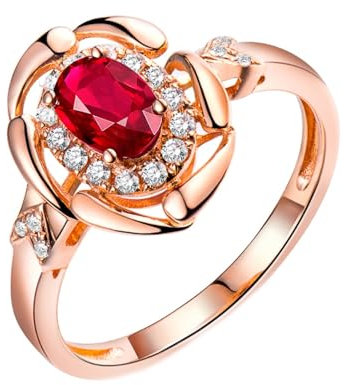 Ehering mit Gravur, Ring Gold 18 Karat Damen Roségold AU750 Blume Lab Rubin 0.54CT Rot Ovalschliff VVS mit 20 Diamant 0.13CT Größe 52 (16.6) Gravur