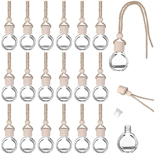 20Pcs 10ml Hanging Car Air Freshener Perfume Bottle Refillable Aromatherapy Fragrance Essential Oil Diffuser Empty Car Hanging Diffuser with Wooden Caps for Car Home Office (Flat Round)