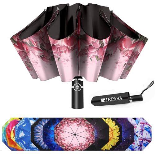 SIEPASA Winddichter kompakter Reise-Regenschirm, automatische Regenschirme für Regen, faltbarer Regenschirm, Reisekompakter Regenschirm., Tulpe / Invertiert, 46 Inch-Inverted, Automatischer