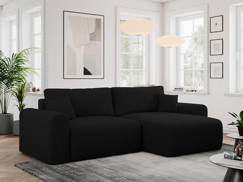 MKS MEBLE Sofa L-Form, Ecksofa mit Schlaffunktion, Wohnlandschaft L-Form mit Kissen, Couch L-Form - Nelson - Schwarz Boucle