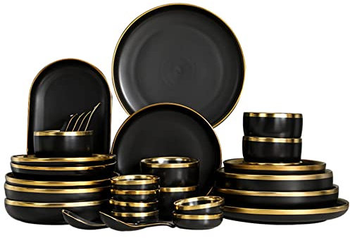 Set di stoviglie rotonde in porcellana da 45 pezzi con Phnom Penh, set di stoviglie in ceramica da cucina, set di piatti e ciotole neri opachi, set di piatti, servizio per 8
