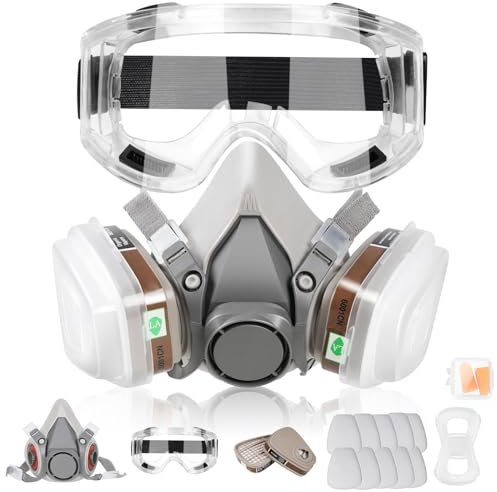 Atemschutzmaske mit 10Pcs Filter Cottons, Schutzbrille und Ohrstöpsel, Gesichtsschutz für organische Dämpfe, Chemikalien, Farbe, Staub, Formaldehyd, Schleifen, Schweißen, Holzbearbeitung (Grau)