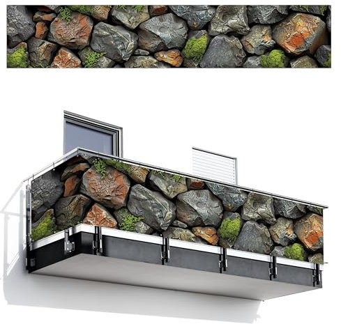 MuchoWow© Balkon Sichtschutz Einseitig 95x500 cm Groß PVC Kunststoff Garten Windschutz ohne Bohren Wetterfest Sichtschutzzaun Terrasse Balkonverkleidung Deko Steine - Steinoptik - Grau - Grün