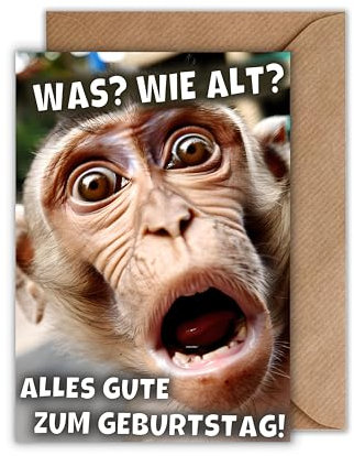 WBdesignz Lustige Geburtstagskarte mit Affen-Motiv mit Umschlag – Witzige Grußkarte mit frechem Spruch „Was? Wie alt?“ – Humorvolle Karte für Männer, Frauen & Kolleginnen (DIN A6)