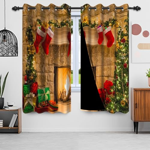 Gardinen Weihnachten, Uiiooazy Vorhänge Grün Blätter Weihnachtsbaum Rot Weihnachtssocken Motiv Thermogardinen Blickdicht mit Ösen Verdunklungsvorhänge für Wohnzimmer Schlafzimmer, 2er Set, 140Bx225Hcm