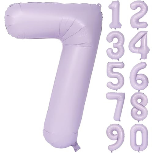 Globo lila de 40 pulgadas, globo con números de color lila, grande, color lila claro, 7 globos de cumpleaños, color lila claro, globos de papel de aluminio, número 7, globos de helio, 7 niñas, niños,