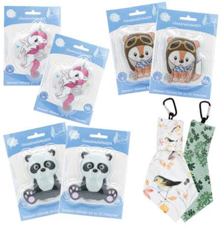 kda Handwärmer - 6er Sparpaket Set Taschenwärmer inkl. 2 GRATIS Microfasertuch - Verschiedene Motive wiederverwendbar Kinder (2X Panda, 2X Einhorn, 2X Fuchs, inkl. 2 GRATIS Microfasertücher)