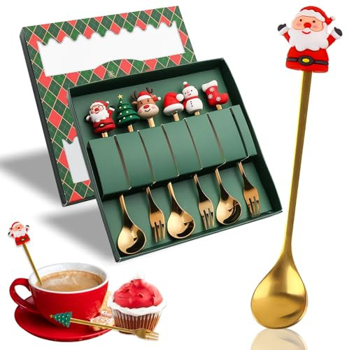 Kleinigkeiten für Adventskalender, Darryy Edelstahl Weihnachtslöffel, Weihnachtstasse, Weihnachtsbesteck, Marmeladenlöffel, Geschirr Weihnachten mit Geschenkverpackung, fur Tee Weihnachten(6-Teiliges)