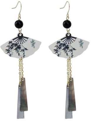 HSAJS Fächer Ohrringe für Damen Mädchen - Chinesischer Retrostil Tropfen Lange Anhänger - Modeschmuck Geschenke Zubehör für Valentinstag Geburtstag