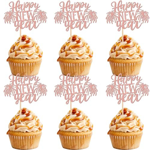Xsstarmi Lot de 24 décorations pour cupcakes « Happy New Year » à paillettes or rose avec feux d'artifice Cheers to 2025 - Décorations de gâteaux pour fête du Nouvel An 2025