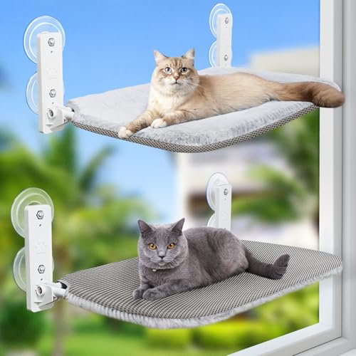 GUUSII HOME 2PCS Cat Window Hammock Bed Foldable Kitty Windowsill Perch Cordless Indoor Cats Seat Shelves with Sturdy Suction Cups Soft Fabric Easy to Assemble 52 * 30cm Hold 25kg (Light Gray, M)