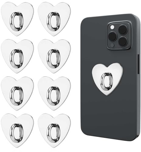8pcs Heart Cell Phone Ring Holder, Phone Charm Hook Adhesive Metal Finger Ring Stand Love Heart-shaped Sticky Phone Grip Ring for Mobile Phone Tablet DIY Accessories (Silver)
