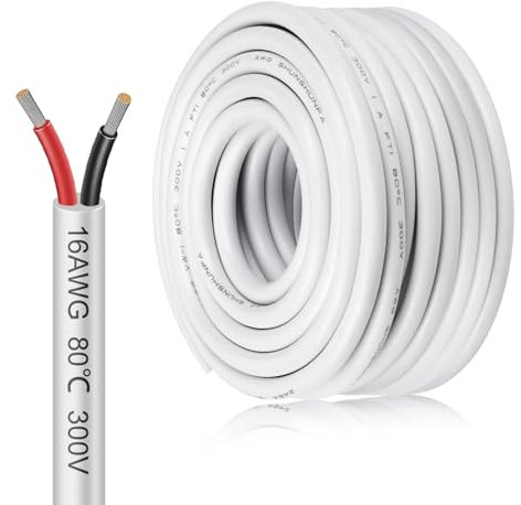 inShareplus 16AWG 2x1.5mm² 20 Meter Electrical Wire, 5V/12V/24V White Tinned Copper Wires, 300V Flexible and Soft Outdoor Cable, High Temperature Resistant Extension Cable