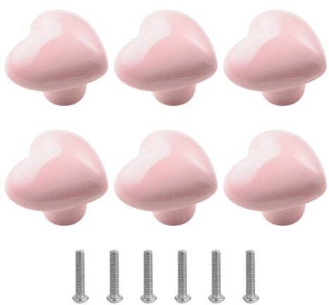 JIHUOO 6 Pcs Pink Ceramic Heart Knobs Cute Drawer Handle Knobs Closet Door Pull Knobs Kids Wardrobe Knobs Furniture Dresser Knobs Kitchen Cupboards Door Knobs with 6 Pcs Screws