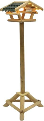 Muntel® Vogelfutterhaus, Vogelhaus mit Ständer, Wetterfest - Futterhaus für Vögel, LED-Beleuchtung, Solarenergie, Stehend, Braun, Vogelfutterspender, Futterhäuschen, 28 x 37 x 120 cm