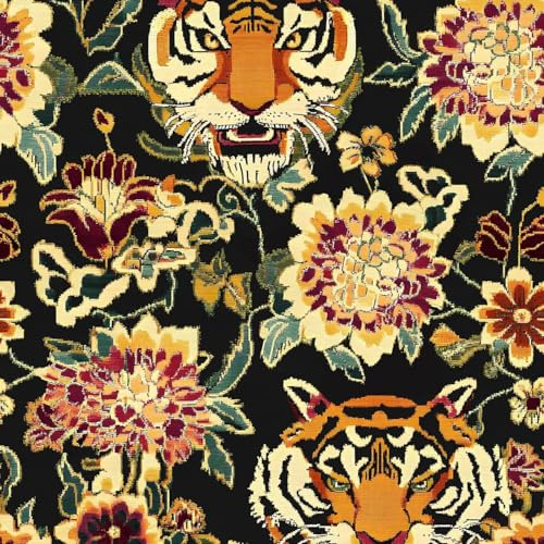 XRUIBZI Tiger Floral Peel and Stick Wallpaper Vintage Boho Dark Floral Contact Paper Flower Wall Mural Home Vinyl Waterproof Self Adhesive Removable Renter Friendly Wall Paper 17.5 x 393