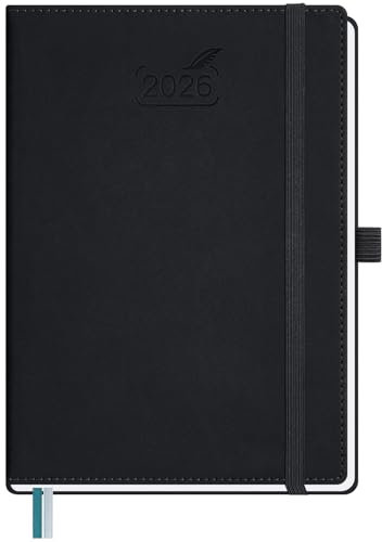 BEZEND Kalender 2026 Buchkalender A5 1 Woche 2 Seiten | Terminplaner 2026 Wochenplaner mit 100 g/m² Papier & Monats-Register | Planer & Terminkalender mit PU-Leder Hardcover - Schwarz