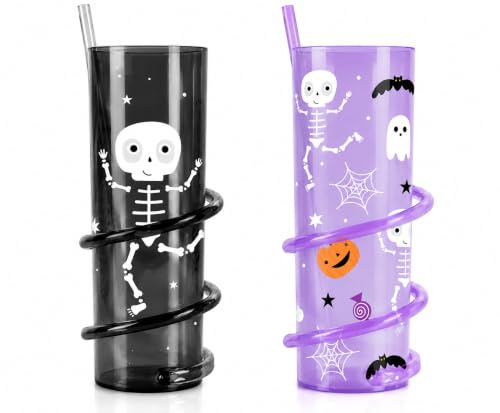 eBoutik - Set of 2 Halloween Skeleton Spiral Straw Tumbler - Novelty Fun Spooky Design for Party Celebration Drinkware or Boo Baskets for Kids & Toddlers
