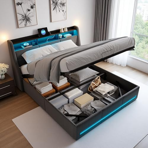 Polsterbett 140x200 cm, LED Doppelbett mit Stauraum und Lattenrost, Kopfteil mit USB Typ C Ladefunktion, Hydraulisch Stauraumbett Funktionsbett Jugendbett Rückenlehne Bettgestell, Grau, Ohne Matratze
