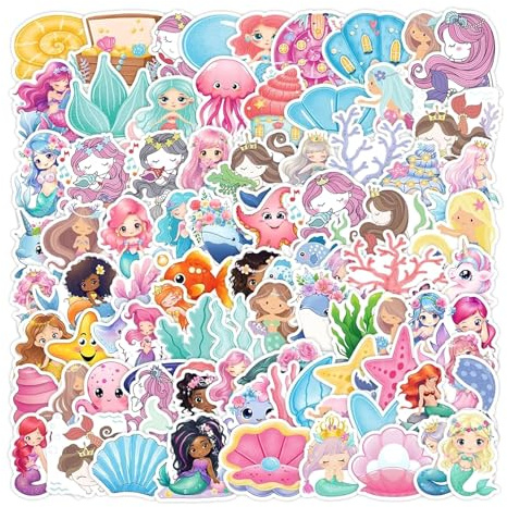 Ovanda 100 Stück Niedliche Meerjungfrau Cartoon Aufkleber,Meerjungfrau Prinzessin Sticker,Meereslebewesen Aufkleber,Tiere Cartoon Stickers,Meeresschalen Stickers,Meerestiere Sticker,für Kinder Mädchen