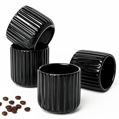 Erkundpresso. Kaffeebecher ohne Henkel 4er Set 180ml | Tasse ohne Henkel Keramik Dickwandig | Steingut Kaffeetassen Handgefertigt | Lungo, Cappuccino & Espresso Tassen | Spülmaschinenfest (Schwarz)