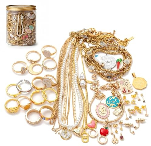 Neptuiby 20 Stück Mystery-Schmuckdose im Vintage-Stil, Goldschmuck-Sortiment, Ohrringe, Halsketten, Ringe, Haarspangen für Frauen, Gold