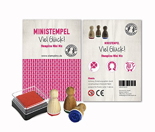 Stemplino® Holzstempel Set 3er Pack Viel Glück! - 3 Ministempel: Kleeblatt Hufeisen Glücksschwein | 10 verschiedene Motivmixe zur Auswahl | Mini Geschenke Kinder Mini Spielzeug Stempel Set