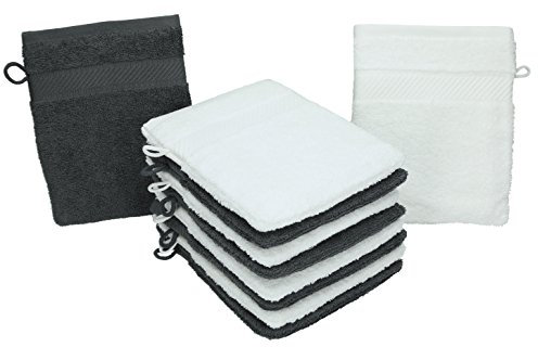 Betz 10 Stück Waschhandschuhe Palermo 100% Baumwolle Waschlappen Set Größe 16x21 cm Farbe weiß und anthrazit