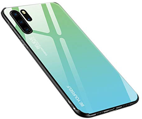 generisch Coque pour Huawei P30 Pro, Verre Trempé Arrière en Dégradé + Bords Couvrants Silicone TPU Souple Hybride Étui Antichoc Anti Rayures Case pour Huawei P30 Pro (Vert-Bleu)