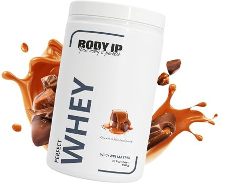 BODY IP Perfect Whey Protein Pulver | Karamell Schoko | Eiweißpulver für Protein Shake & Muskelaufbau | hoher BCAA Anteil | 30 Portionen | Whey Isolat & Konzentrat | hoher Eiweißgehalt | 900g