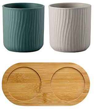 OnePine Badezimmer Accessoires Set Keramik, 3-teilig, EIN Bambustablett und Zwei Zahnputzbecher