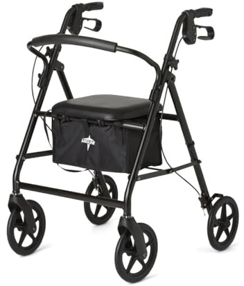 Medline Steel Rollator Walker for Adult Mobility Impairment, Black, 300 lb. Weight Capacity, 8” Wheels, Foldable, Adjustable Handles, Rolling Walker for Seniors
