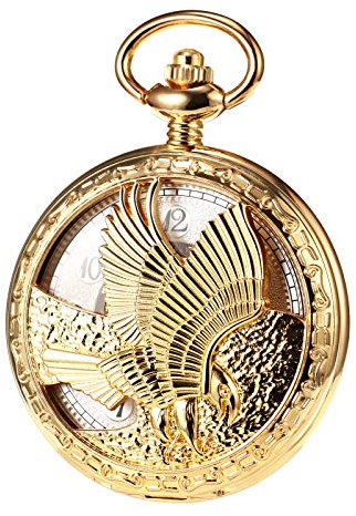 TREEWETO Herren Taschenuhr mit Kette, Retro Adler Analog Steampunk Skelett Uhr, Mechanisch Handaufzug Taschenuhren mit römischen Ziffern für Herren - Gold