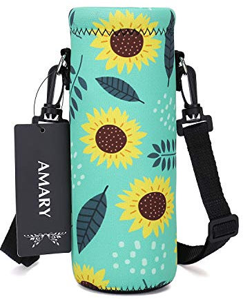 AMARY Neopren-Wasserflasche Tragetasche mit verstellbarem Schultergurt, isolierter Wasserflaschenüberzug für Edelstahl/Glas/Kunststoffflaschen (Sonnenblume, 500 ml)