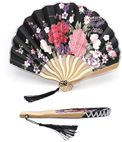 1SourceTek Silk Hand Held Folding Fans 8.27 inches (21cm) Women Hand Held Folding Fans With a Fabric Sleeve Protection for Gifts - Chinese Retro Style (Black)
