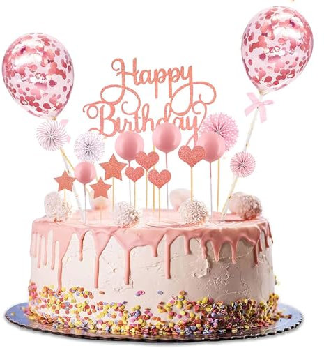 38 Stück Tortendeko Rosa, Kuchen Topper, Kuchendekoration, Geburtstag Torte Topper, Cake Topper, Kuchen Deko für Geburtstag mit Sternen, Konfetti Ballon, Liebe und Papierfächer