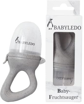 BABYLEDO Baby Fruchtsauger Fruchtschnuller mit Beißring für Obst und Gemüse, Baby Zahnungshilfe (Waschbär- Grau)