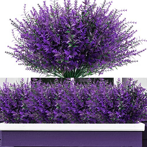 Elecoutek 12 Bündel Künstliche Lavendel Büsche Kunstblumen für Außen, Künstliche Blumen Balkonpflanzen Wetterfeste UV Beständige Plastikblumen für Outdoor Indoor Balkon Garten Balkonkästen, Lila
