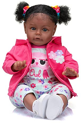 MineeQu 24 Zoll Afroamerikanerin Sue-Sue Lebensechte riesige Größe verwurzeltes lockiges Haar kuscheliger Körper Reborn Babypuppen in schwarzer Haut realistische Neugeborene Kleinkind Mädchen Puppen