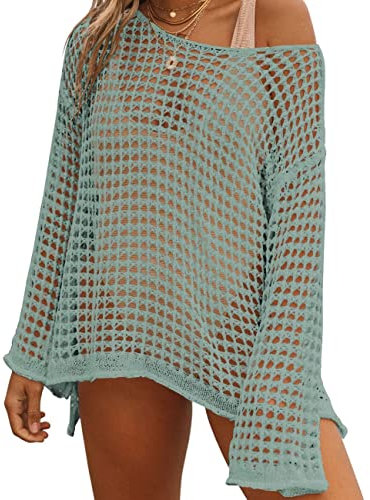 Bsubseach Crochet Crop Tops for Women Bathing Suit Cover Ups Sexy Hollow Out Swim Cover Up Knit Summer Outfits Grey Green