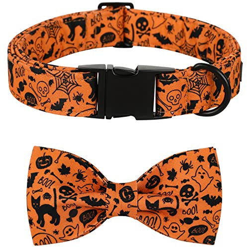 Lionet Paws Halloween Hundehalsband mit Fliege, Langlebiges Bequemes Baumwolle Halsband mit Metall-Klickverschluss für Hunde und Katzen, Hals 20-30cm